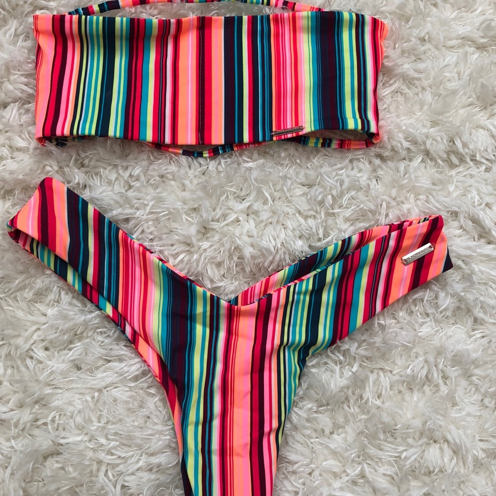 Neon striped strapless bikini